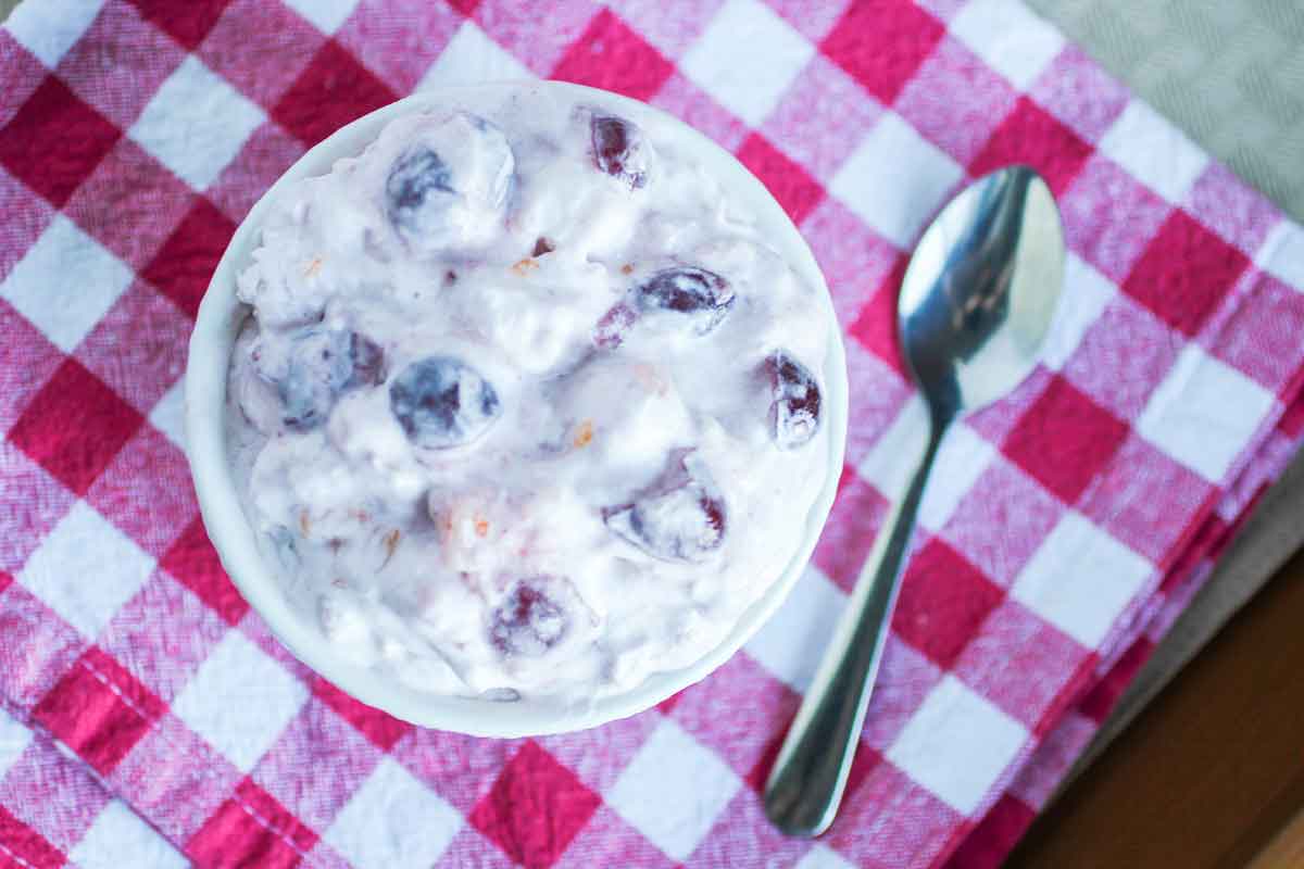 Cranberry 5 Cup Salad on a Red Plaid Tablecloth