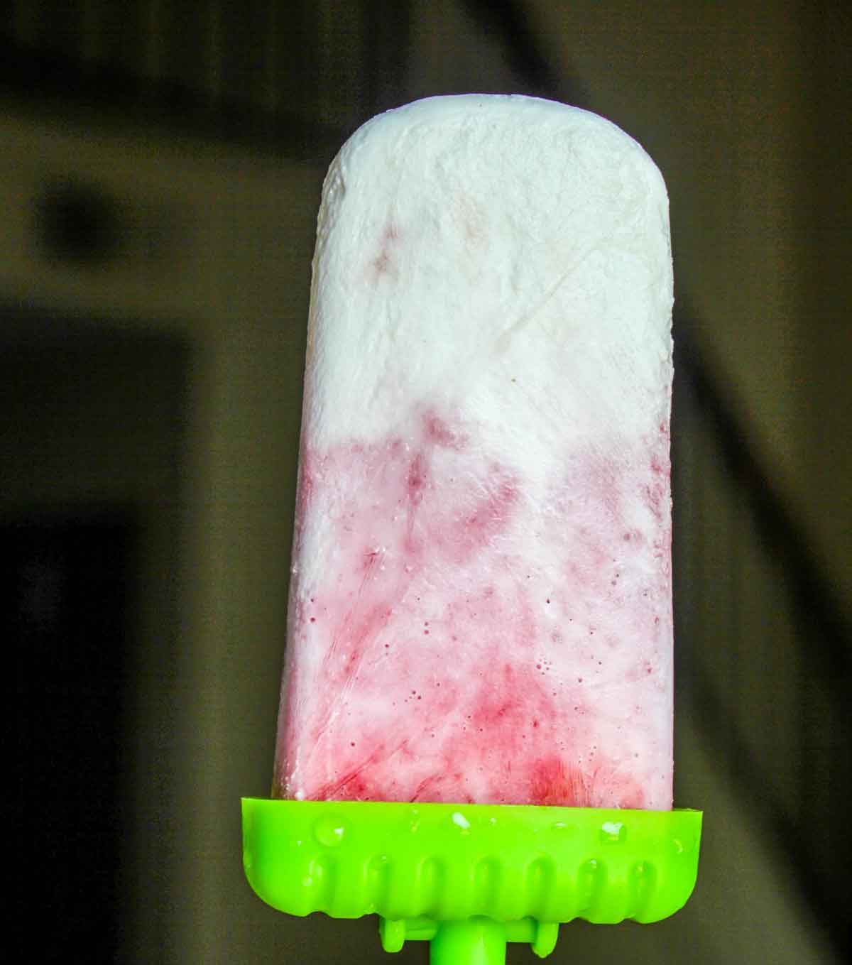 Strawberry Coconut Ice Pops extremely close up in a hand