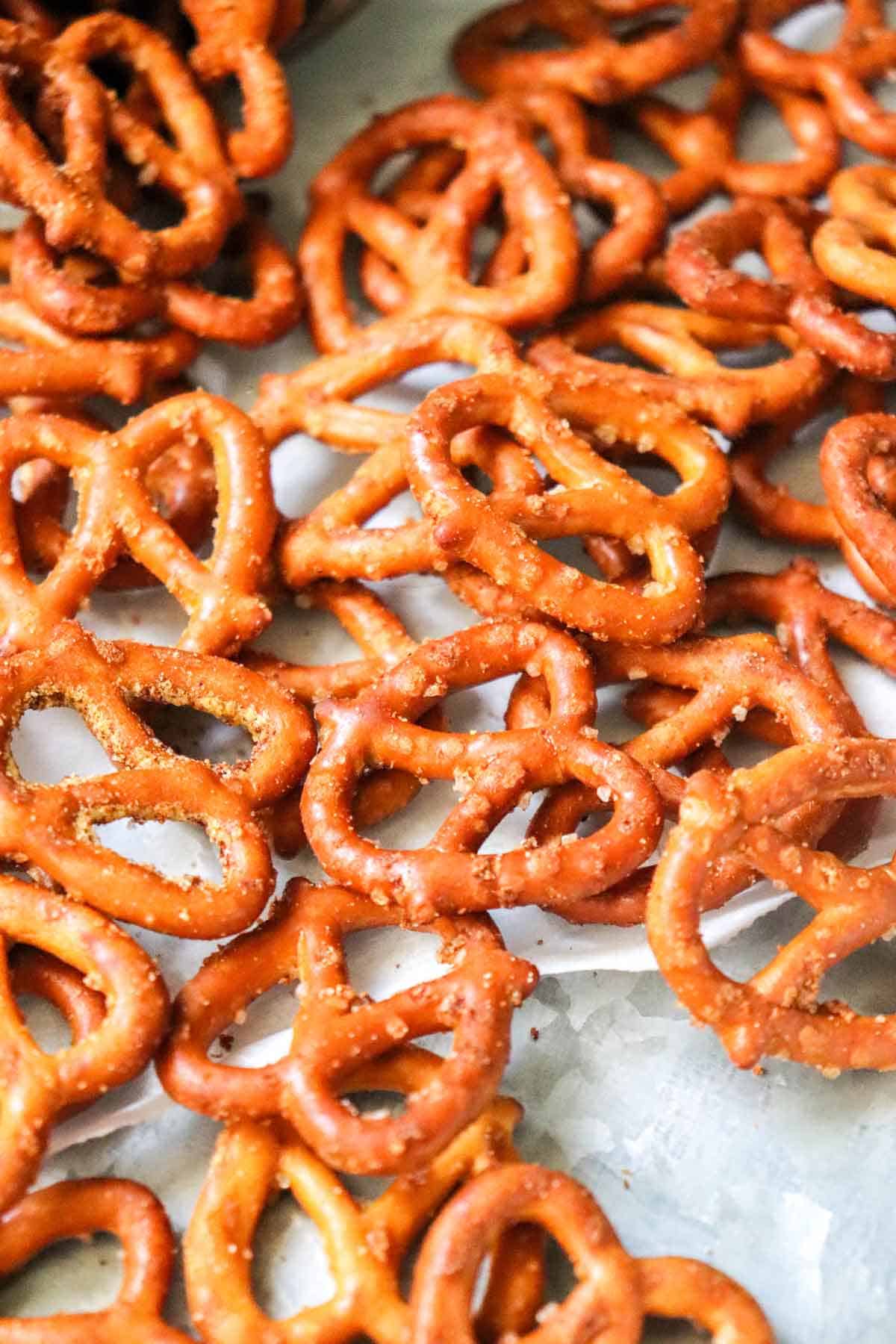 Air Fryer Garlic and Onion Pretzels close up so you can see seasoning on pretzels