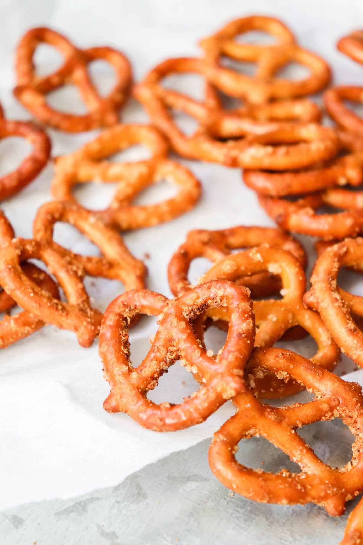 Air Fryer Garlic and Onion Pretzels Close Up